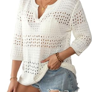 Bsubseach Crochet Tops for Women 3/4 Sleeve Swimsuit Coverup Knit Sweater