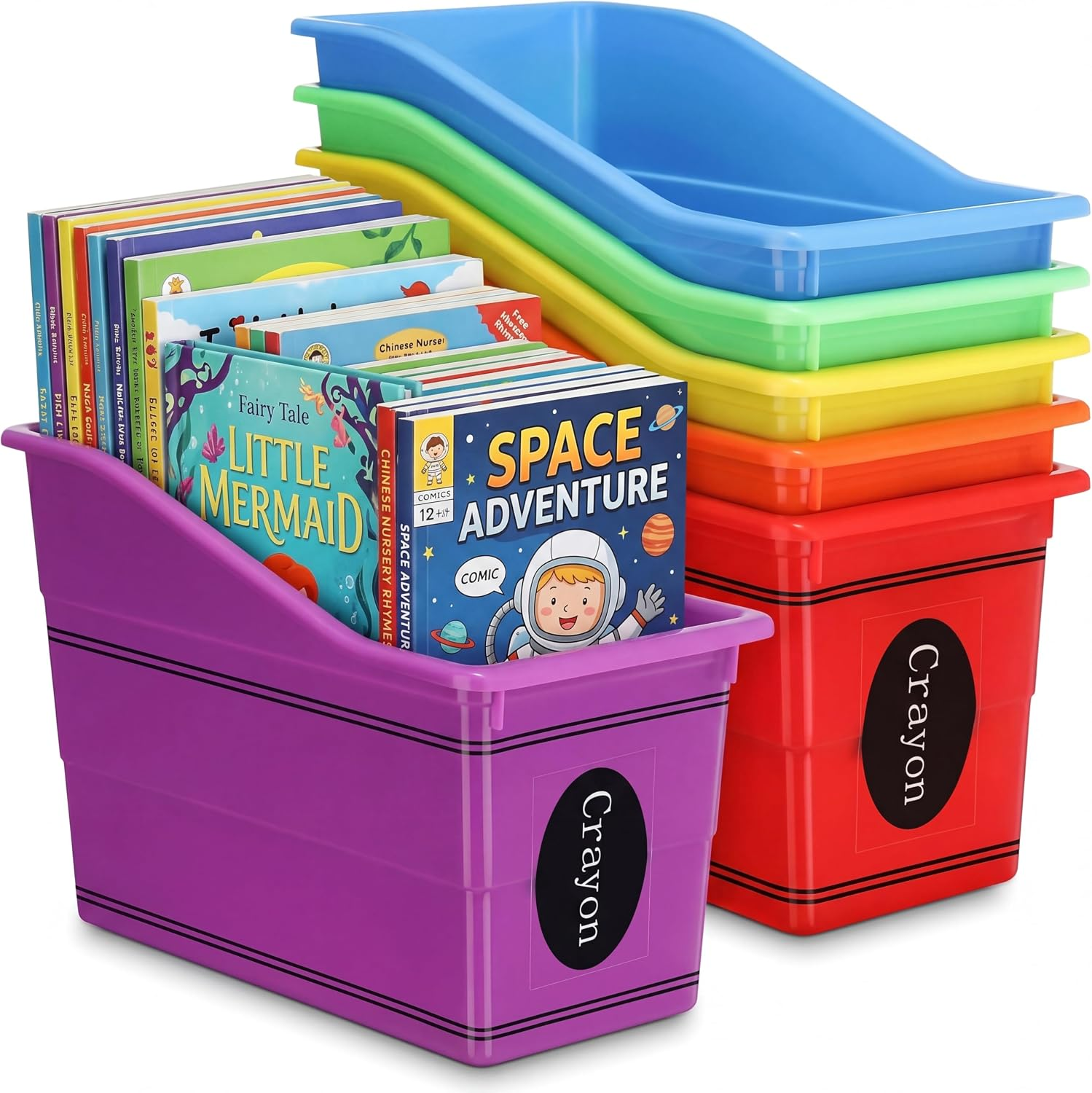 RattanView 6 Pcs Crayon Book Storage Bins Containers for Classroom Must Have Cubby Rainbow Crayon Containers Back to School Preschool Kindergarten Organization for Classroom Library Home School