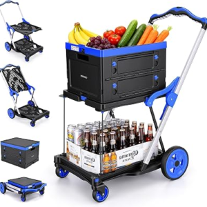 Collapsible Shopping Cart, 200lbs 2-Tier Foldable Grocery Cart, Foot Brake | Versatile Utility Dolly, One-Button Fold, Easy-Reach Side Door, TPR Swivel Wheels, Adjustable Handle, Apartment, Office, Blue