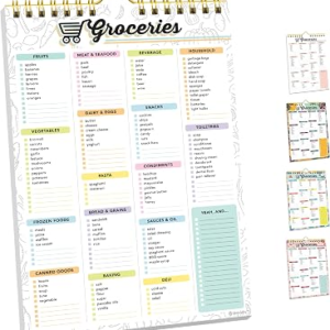 Decorably 52 Sheets Pastel Rainbow Magnetic Shopping List for Fridge Planning Pad with 4 Strong Magnets – 6x9in Spring-Bound Refrigerator Mountable, Easy Tear-Off Design, Track Food, Drinks, Supplies