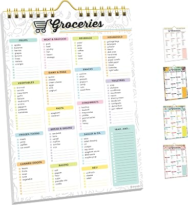 Decorably 52 Sheets Pastel Rainbow Magnetic Shopping List for Fridge Planning Pad with 4 Strong Magnets - 6x9in Spring-Bound Refrigerator Mountable, Easy Tear-Off Design, Track Food, Drinks, Supplies