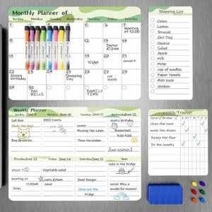MARSROCK Refrigerator Calendar Magnetic, 16.3×11.7” (4-Pack) – Weekly & Monthly Planner, Chore Chart, Grocery/to-Do List for Fridge, Includes 8 Markers, 6 Magnets & 1 Eraser for Kitchen, Green