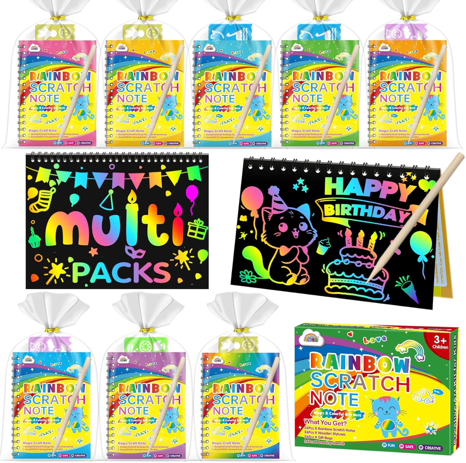 ZMLM 24 Pack Rainbow Scratch Art Party Favors for Kids 4-8 - Mess-Free Birthday Goodie Bags Stuffers, Classroom Prizes Grades 1–3 Creative Paper Notebooks for Pre-K Kindergarten Gifts