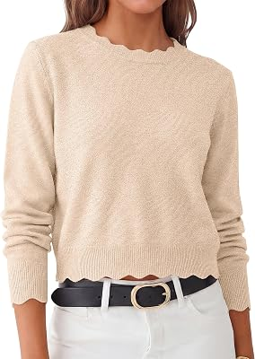 ANRABESS Long Sleeve Scalloped Cropped Sweaters