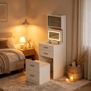 Vanity Desk with Mirror and Lights, 3 in 1 Compact Makeup Vanity with Mirror and Lights, Corner Vanity Desk with Drawers, Storage, Stool, Multifunctional Bedroom Makeup Table for W