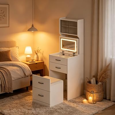 Vanity Desk with Mirror and Lights, 3 in 1 Compact Makeup Vanity with Mirror and Lights, Corner Vanity Desk with Drawers, Storage, Stool, Multifunctional Bedroom Makeup Table for W