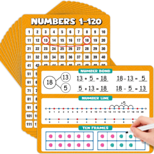 MucaDopia 12 Pack 1-120 Number Chart Dry Erase Flash Card,12″ x 9″ Number Line Ten Frame Math Manipulatives for Student Teacher Kindergarten 1ST 2ND Classroom Homeschool Supplies Small White Board