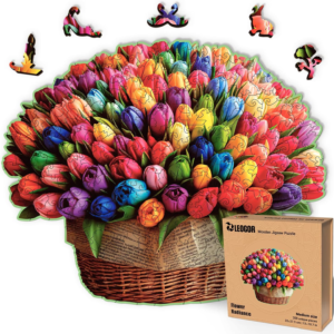 LEOGOR Wooden Jigsaw Puzzles for Adults 200 Pieces (13 × 10.7 in), Rainbow Tulip Puzzle, Extra-Thick 5mm Wood, Floral Mosaic with Unique Shapes, Relaxing Artistic Gift for Adults and Teens