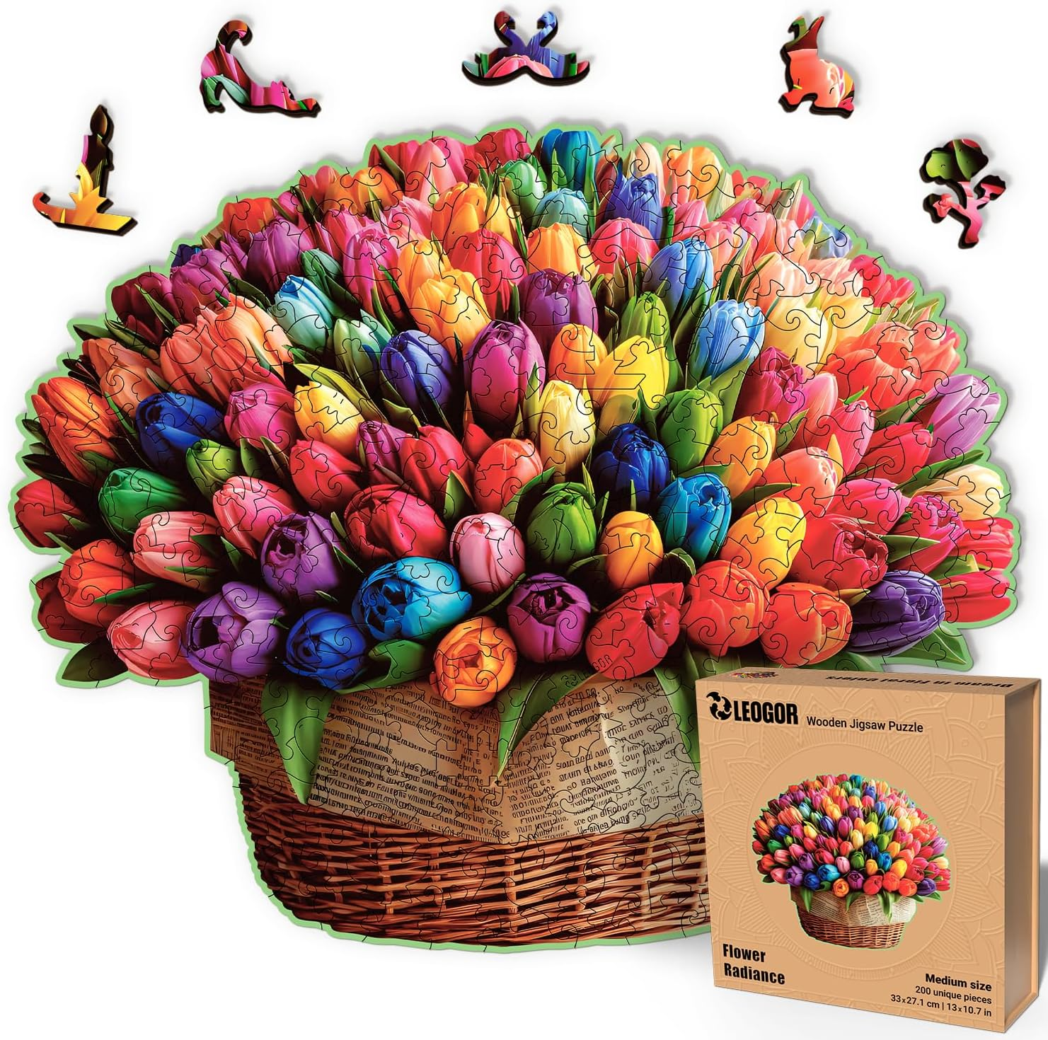 LEOGOR Wooden Jigsaw Puzzles for Adults 200 Pieces (13 × 10.7 in), Rainbow Tulip Puzzle, Extra-Thick 5mm Wood, Floral Mosaic with Unique Shapes, Relaxing Artistic Gift for Adults and Teens