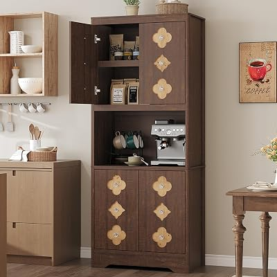 Garvee 72" Tall Pantry Cabinet, Kitchen Hutch Storage Cabinet with Countertop for Microwave, Freestanding Wooden Cupboard with Carved Door & Crystal Handle, for Dining Room, Living Room, Reddish Brown