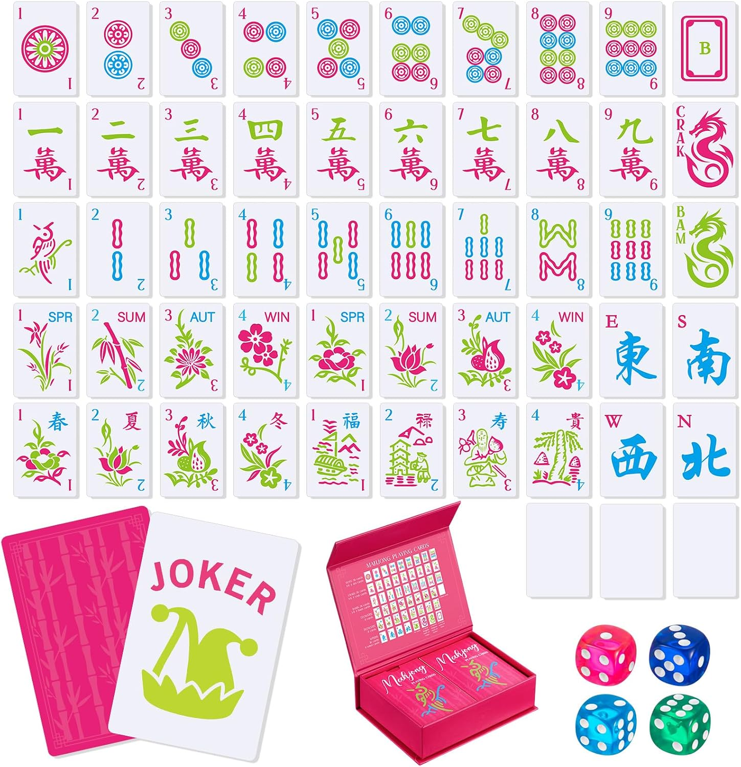 Soulchen 168 Pcs PVC American Mahjong Playing Cards, Large Print Waterproof Card Set with 4 Dice & Storage Case, Easy-to-Read for Adults, Seniors, Mahjong Clubs, Travel, Gift Giving (Classic,Hot Pink)