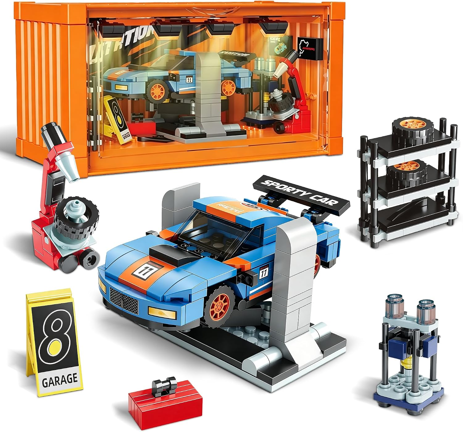 Technic Racing Car Building Toy Set with Car Repair Station+Container Box