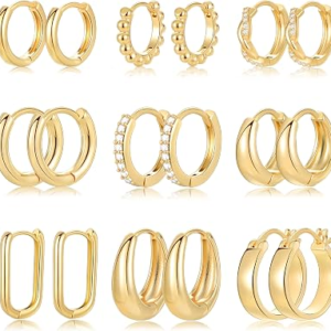 FAXHION 9 Pairs Small Gold/Silver Hoop Huggie Earrings Set