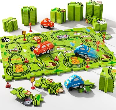 Beby Buty 48PCS Puzzle Race Track Car Set Toys for Kids Boys, Floor Puzzle Car Tracks for Boys Ages 3-5 4-6, Toddler Toys Gifts for 3 4 5 Year Old Kids, Ideal 3 4 5 6 Year Old Birthday Gifts