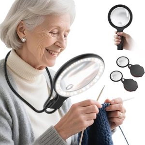 Neck Wear Magnifying Glass with Light for Close Work, 5.5 Inch 5X Handheld Lighted Magnifier for Reading Books, Included 2PCS Upgrade 10X Small Magnify Glasses with Protective Sheath