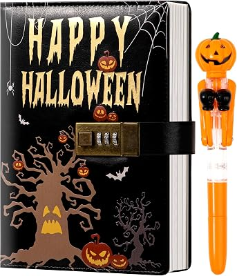 CAGIE Journal with Lock for Women Men, A5 Locked Journal with Pumpkin Pen Set, Halloween Notebook with Combination Lock 192 Pages Diary with Lock, 5.7x 8.3 Inches, Black | Halloween Notebook, Combination Lock, 192 Pages, For Kids 8-12 ages