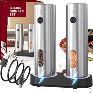 Electric Salt and Pepper Grinder Set (with Rechargeable Base), Featuring LED Lighting, Ideal for Kitchen and Outdoor Use.