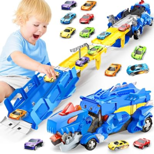 Dinosaur Toys for Kids 3-5, Dinosaur Truck with 6 Cars Toys, Car Track Set, Birthday Gifts Toys for 3 4 5+ Year Old Boys Girls, Transport Carrier Truck for Toddlers, Chritsmas Gifts