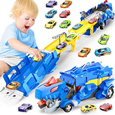 Dinosaur Toys for Kids 3-5, Dinosaur Truck with 6 Cars Toys, Car Track Set, Birthday Gifts Toys for 3 4 5+ Year Old Boys Girls, Transport Carrier Truck for Toddlers, Chritsmas Gifts