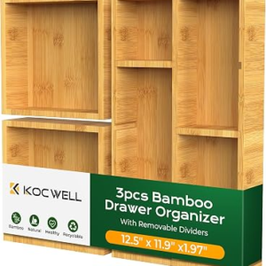 KOCWELL Bamboo Desk Drawer Organizer with Removable Dividers,Multi-Use Office Drawer Organizer Tray,Junk Drawer Organizers for Office,School,Kitchen,Makeup Supply（Original）