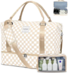 WOOMADA Weekender Overnight Bag for Women, Carry on Shoulder Travel Duffel with Shoes Compartment,Gym Bag with Toiletry Bag(beige checkerboard)