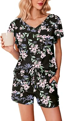Ekouaer Women's Pajamas Set Ruffle Sleeves Sleepwear V Neck Comfy 2 Piece Pjs Loungewear Set with Pockets S-XXL