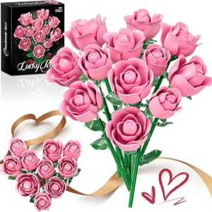 Pink Rose Bouquet Building Set for Her Lego Compatible Botanical Collection | 684 PCS Building Blocks, Build 12 Artificial Purple Flowers, DIY Building Kit, Home Office Decor, Gift for Women Mom Wife