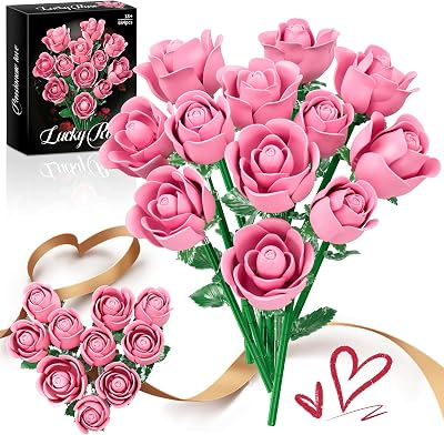 Pink Rose Bouquet Building Set for Her Lego Compatible Botanical Collection | 684 PCS Building Blocks, Build 12 Artificial Purple Flowers, DIY Building Kit, Home Office Decor, Gift for Women Mom Wife