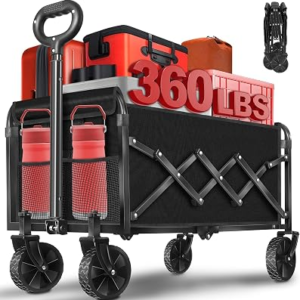 Collapsible Wagon Cart with Wheels, Compact 360 lb Folding Utility Wagon | 120L compact wagon with 360 lb support, 11 lb lightweight design, adjustable handle, 2 cup holders and al