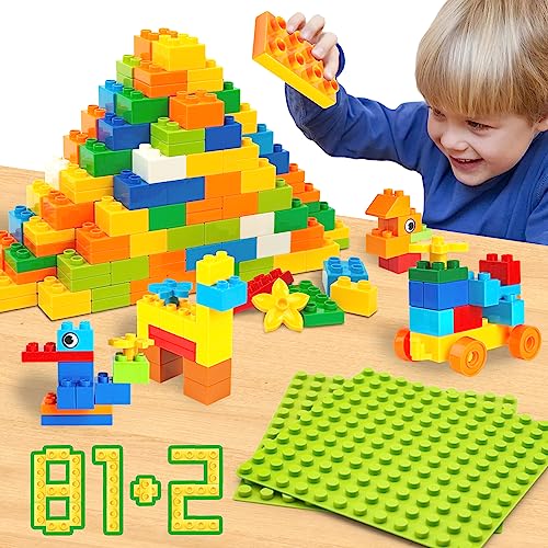 83 Pcs Jumbo Building Blocks for Toddlers (81 Blocks + 2 Baseplates) | Compatible Big Construction Bricks in Diverse Vibrant Colors | Kids Ages 3+ STEM Toy