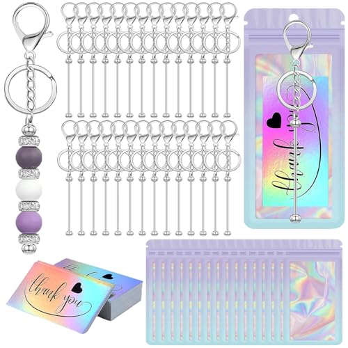 84 Pcs Beadable Keychain Bars Bulk Blank Beaded Keychain Making Kit DIY Bead Keychain Supplies 28 Metal Keychain Bars 28 Bags 28 Thank You Cards Included for Women, Men, Mother's Day, Birthday Gift