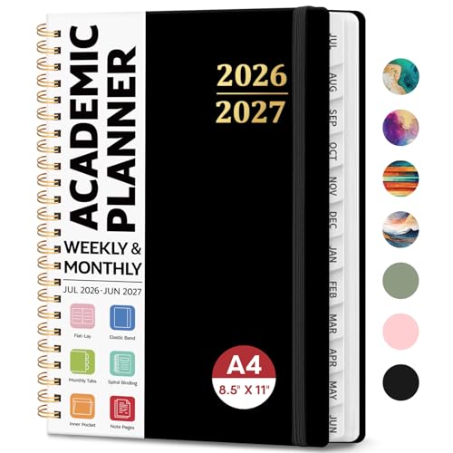 8.5" x 11" Academic Planner 2026-2027, Weekly & Monthly Calendar Planner Book, July 2026 – June 2027, Large Hardcover Organizer with Tabs, Perfect for Teachers, Students, Women & Men – A4, Black