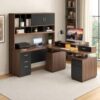 86.6" L Shaped Executive Standing Desk with Hutch and File Cabinet