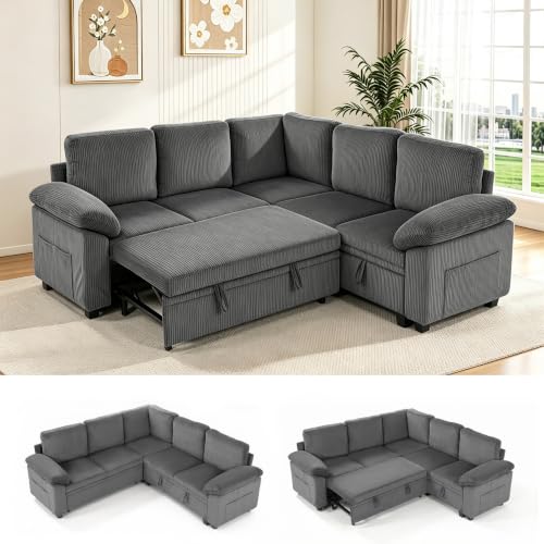 86″ Sectional Sleeper Sofa with Pull Out Bed, Modular Sectional Couch with Storage, L Shpaed 5-Seats Chenille Cloud Couch, Small Sofa Bed for Living Room, Apartment, Office (Light Gray, 5 Seats)