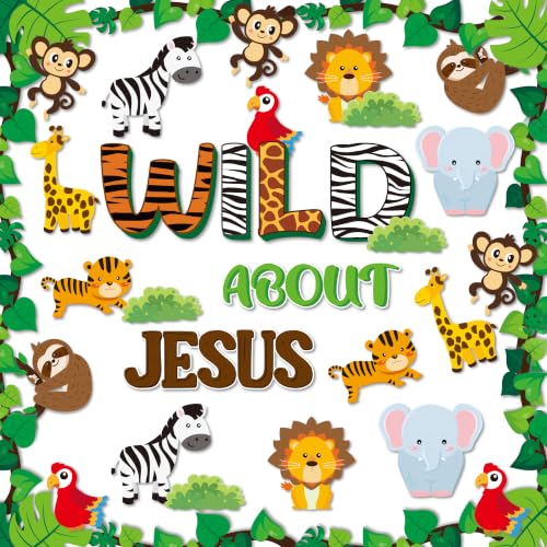 87Pcs Jungle Animals Bulletin Board Set Back to School Wild About Jesus Christian Cutouts Classroom Wild Animal Leaves Wall Decorations for Chalkboard VBS Church Preschool Forest Party Supplies