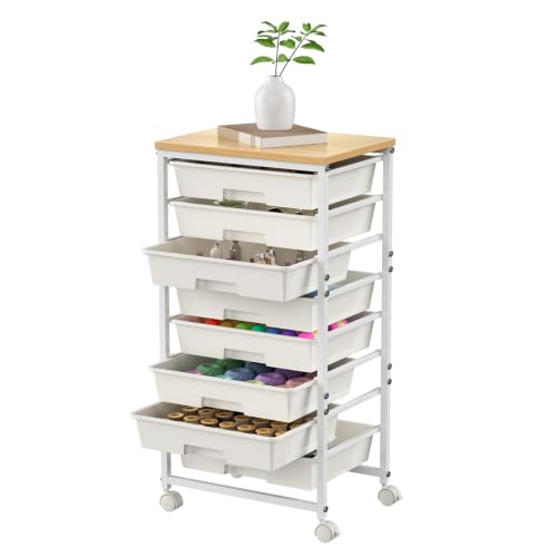 8 Drawer Rolling Plastic Storage Cart with Lockable 4-Wheel Casters & Heavy-Duty Wooden Tabletop, Multi-Purpose Mobile Utility Organizer for Classroom Craft Room Dorm Bedroom Office Pantry