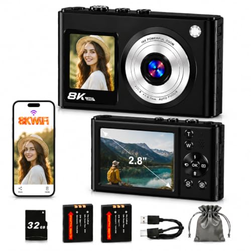 8K Digital Camera, Dual Screens, WiFi, 16X Zoom, Autofocus, Anti-Shake. Compact Point & Shoot for Travel, Selfies & Vlogging. for Kids, Teens & Beginners. Includes 32GB Card & 2 Batteries.