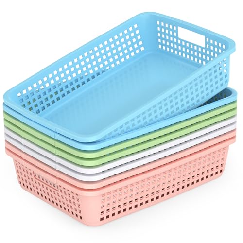 8 Pack Classroom Storage Baskets 15''x10''x3'' Large Plastic Paper Trays with Handle Letter Size A4 Paper Toy Basket Turn in Trays for Library Office Desk Drawer Organizing (8, Pastel Color)
