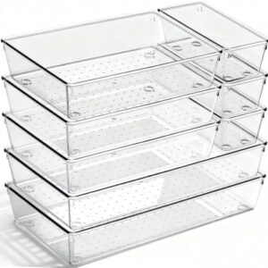 8 Pack Large Clear Plastic Drawer Organizer Bins - Acrylic Bathroom Drawer Organizer Trays - Heavy Duty Kitchen Drawer Dividers for Utensils - Non-Slip Storage Bins for Makeup, Bedroom, Office Desk