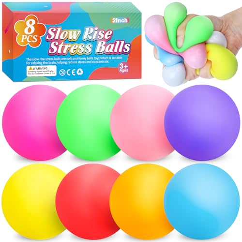 8 Pack Slow Rising Stress Ball,Stress Balls for Kids Adults,Stretchy Fidget Toys for Anxiety Relief,Hand Therapy Sensory Squishy Ball,Squishy Toys,Treasure Prize Box Toys for Kids Classroom