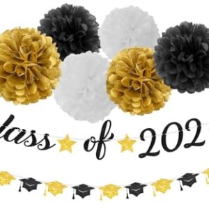 8 Pcs Class of 2026 Graduation Decorations, Black Gold Congrats Grad Banner Set with Cap Garland and Tissue Paper Pom Poms, Pre-Strung Graduation Party Decor for High School College