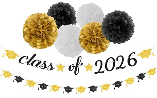 8 Pcs Class of 2026 Graduation Decorations, Black Gold Congrats Grad Banner Set with Cap Garland and Tissue Paper Pom Poms, Pre-Strung Graduation Party Decor for High School College