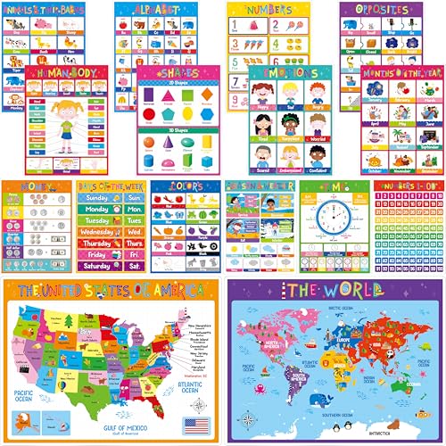 8PCS Laminated Educational Posters, Double-Sided Early Learning Posters, Fully Laminated Waterproof & Tear-Proof, Alphabet/Animals/Time/Emotions/Numbers Poster for Kindergarten Preschool Toddlers