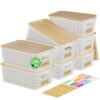 8 Pcs Plastic Storage Bins with Bamboo Lids and Labels 5.29qt Stackable Box Basket Pantry Decorative Containers, Small Storage Baskets for Desktop Shelves Drawers Closets Office Cabinets 10*7.2*4.1"