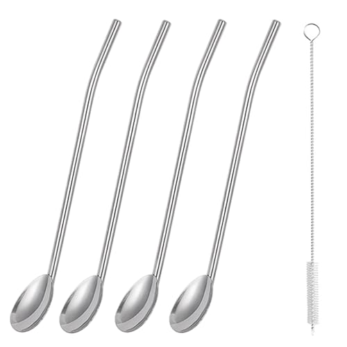 8Pcs Stainless Steel Straws Spoons, Reusable Metall Straws Spoon with 2 Cleaning Brushes,2 in 1 Snow Cone Straws Drinking Reusable Stainless Steel Ice Tea Long Spoons Straws for Cocktail Milkshake (4)