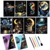 8 Sheets Scratch Art Adult Noctilucent Rainbow Scratch Paper Notebook Paint by Scratch Kit for Arts and Crafts Gift with Scratch Art Tools （Castles & Animals）