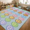 8' x 10' Classroom Rug for Kids with Pastel Smileys, Schoolgirl Style Educational Carpet for Preschool and Daycare, Large Play Mat for Playroom Seating and Learning Activities