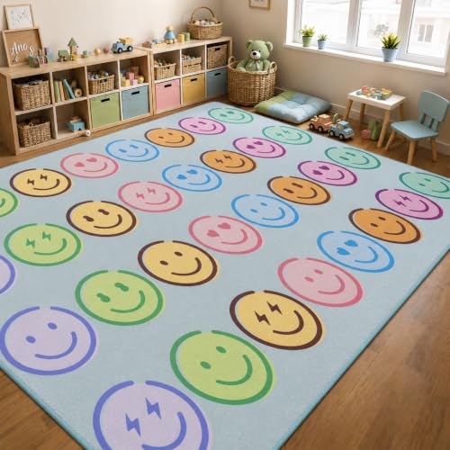 8' x 10' Classroom Rug for Kids with Pastel Smileys, Schoolgirl Style Educational Carpet for Preschool and Daycare, Large Play Mat for Playroom Seating and Learning Activities