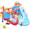 9-in-1 Inflatable Slide Water Park Jump Bouncer with Dual Chutes, Climbing Wall, Ring Toss, Basketball Hoop, Splash Pool, Blower, Outdoor Backyard Adventure Play Center for Kids Ages 3-12