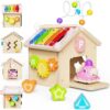 9-in-1 Wooden Activity Cube, Montessori Baby Activity Center Toys for 1+ Year Old Boys & Girls, Unicorn Theme Baby Cube with Car Toys & Shape Sorter, Educational Toy for Toddlers, Ideal Baby Gift